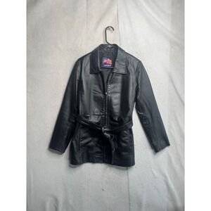 Leather USA Womens Black Genuine Leather Belted Zip Up Jacket Coat Medium
